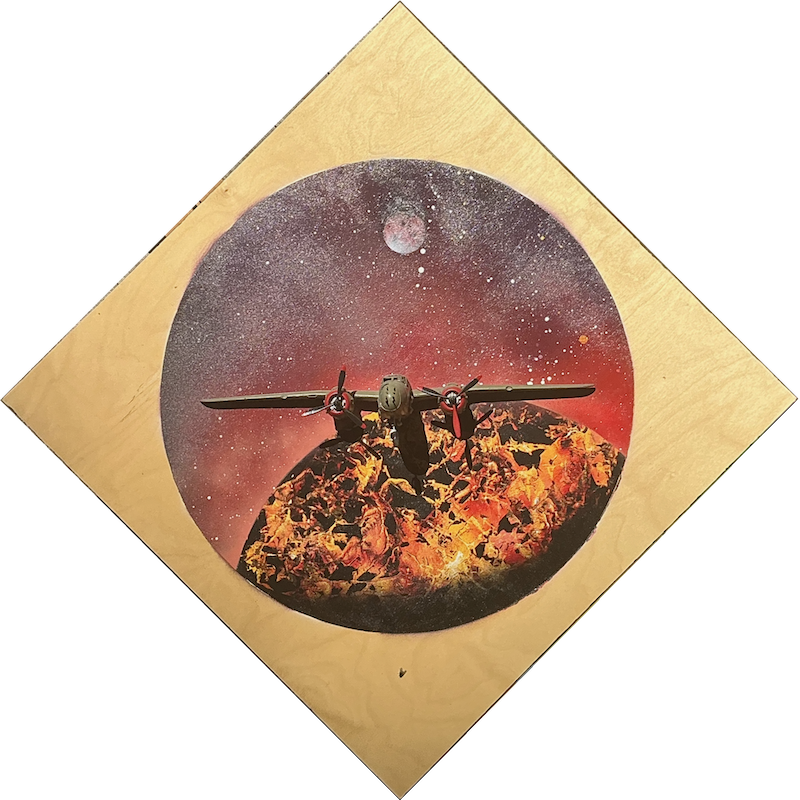 A wooden panel with a circular painting of space a planet and a moon. The front half of a model airplane is glued to the center of the painting as if it is flying out