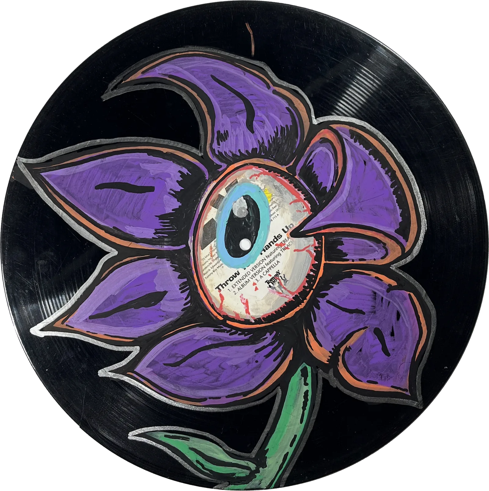 A painting of a purple flower. The center of the flower is one eyeball with a blue iris. It is painted on a black vinyl record