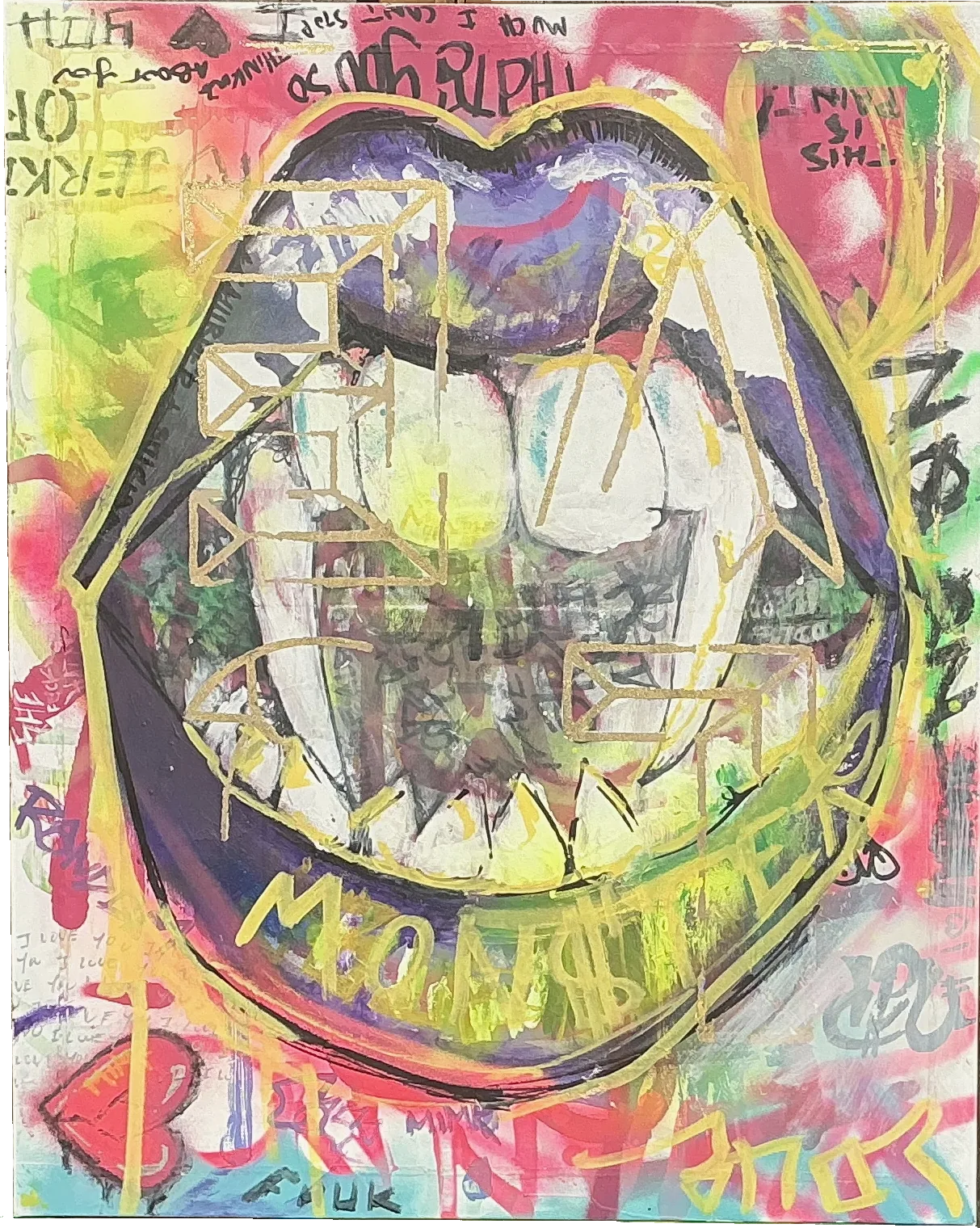 A colorful expressionist painting. There is a mouth and words. The color pallette is yellow and green with some red